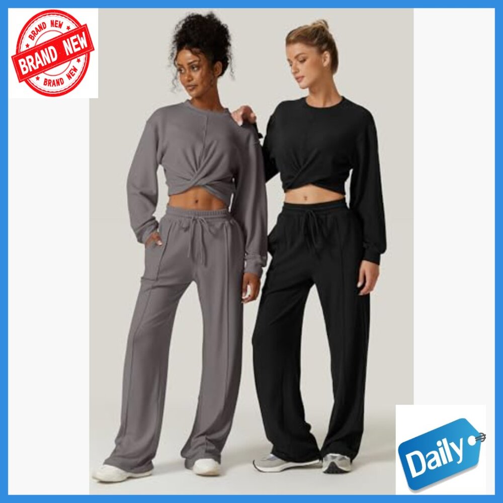 Large 2-Piece Tracksuit Set, Cropped Sweatshirt & Wide Leg Sweatpants, Athletic - Picture 6 of 7